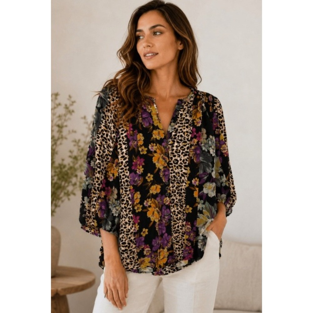 Johnny Was Zane Silk Easy Blouse Blend Patchwork Floral Leopard XL Black Multi
